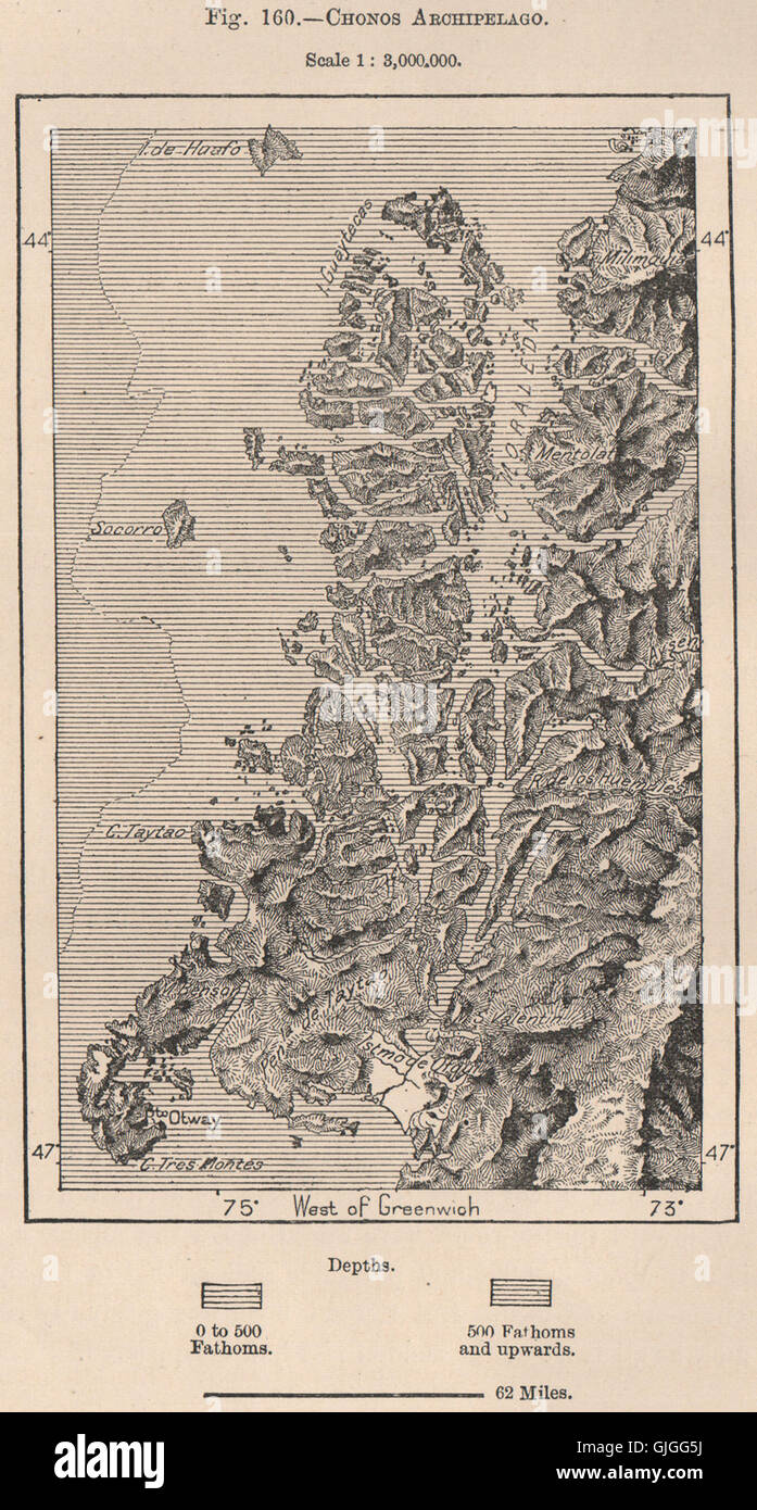 Arcipelago Chonos. Il Cile, 1885 Mappa antichi Foto Stock