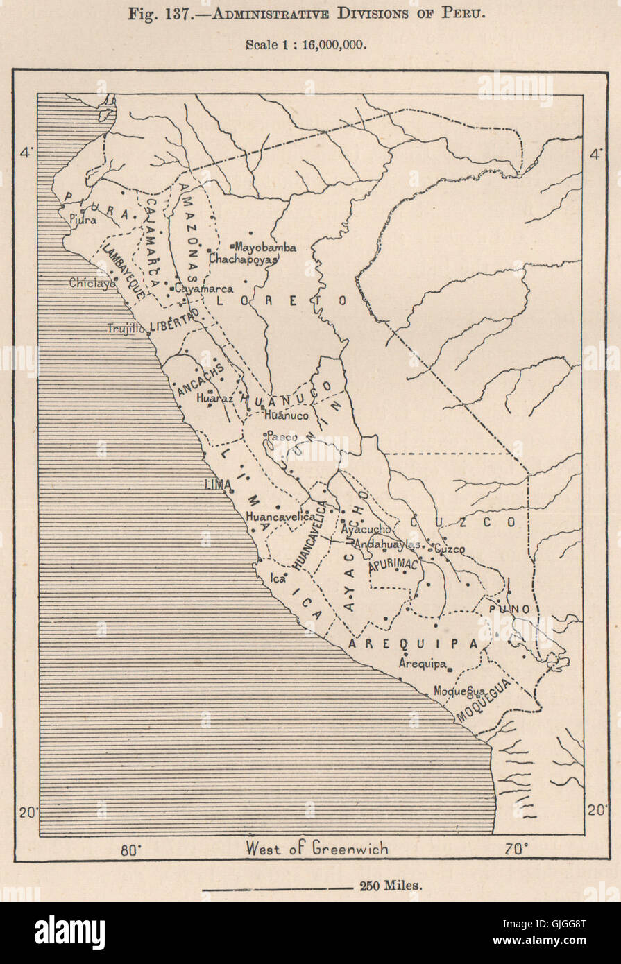 Le divisioni amministrative del Perù, 1885 Mappa antichi Foto Stock