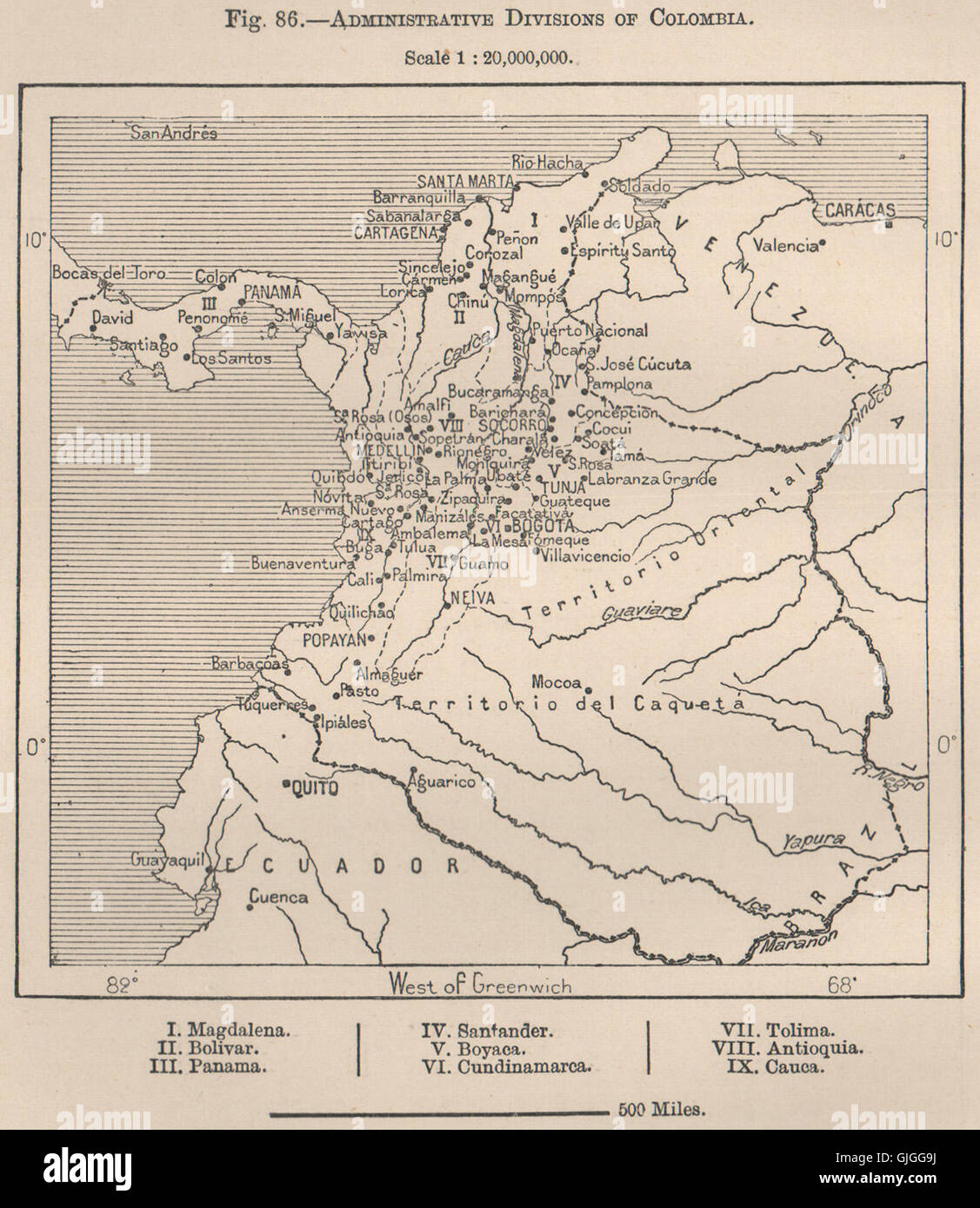 Divisioni amministrative della Colombia, 1885 Mappa antichi Foto Stock