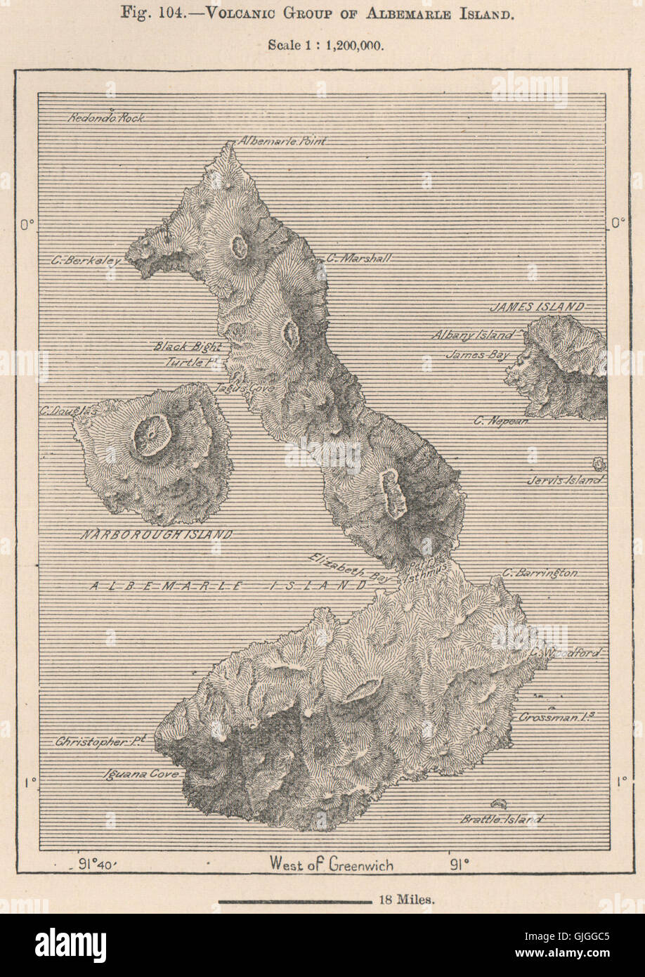 Gruppo vulcanico di Albemarle(isabela)Island.Ecuador.Isole Galapagos, 1885 Mappa Foto Stock