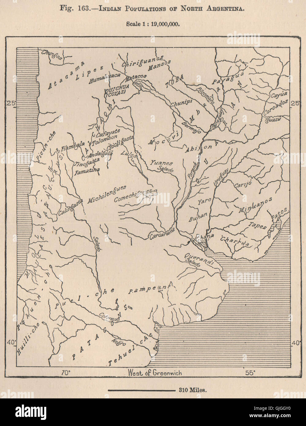 Popolazioni Indiane del Nord Argentina, 1885 Mappa antichi Foto Stock