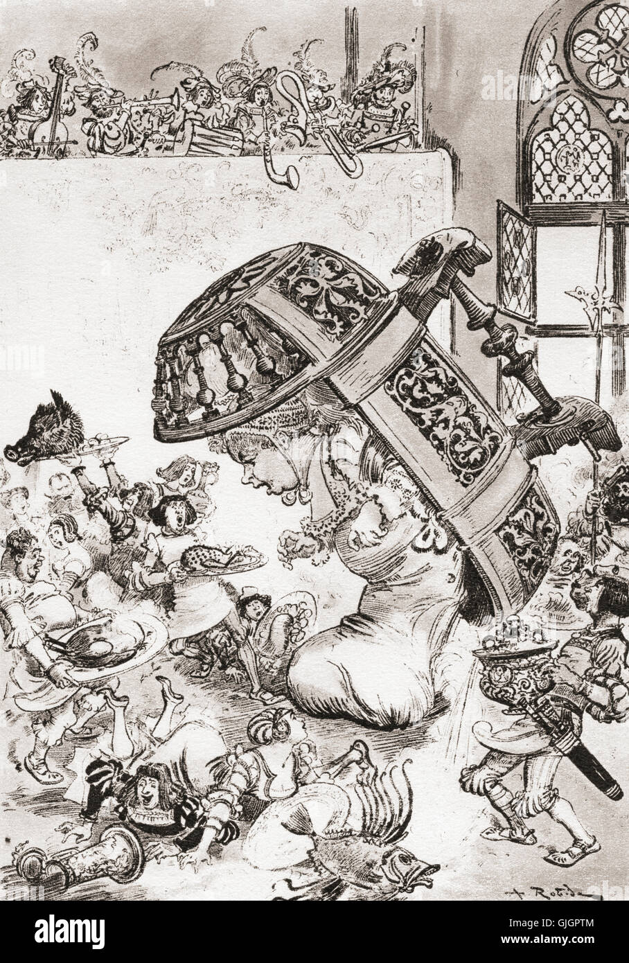 Pantagruel en figlio Berceau o Pantagruel nella sua culla. Dopo l'illustrazione di Albert Robida per Gargantua e Pantagruel di François Rabelais. Foto Stock