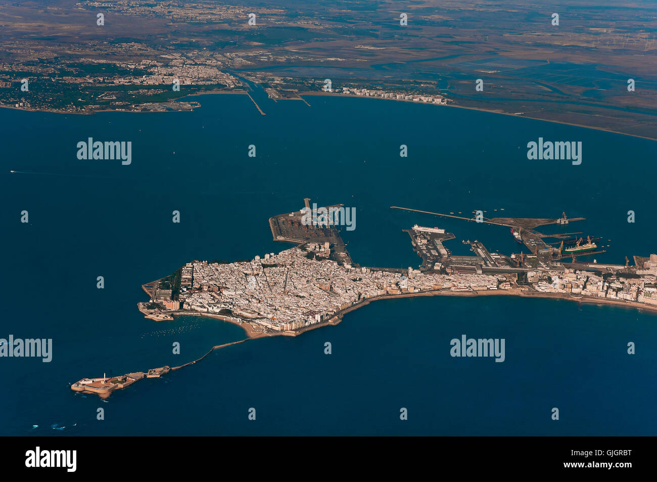 Vista aerea, Cadiz e bay, regione dell'Andalusia, Spagna, Europa Foto Stock