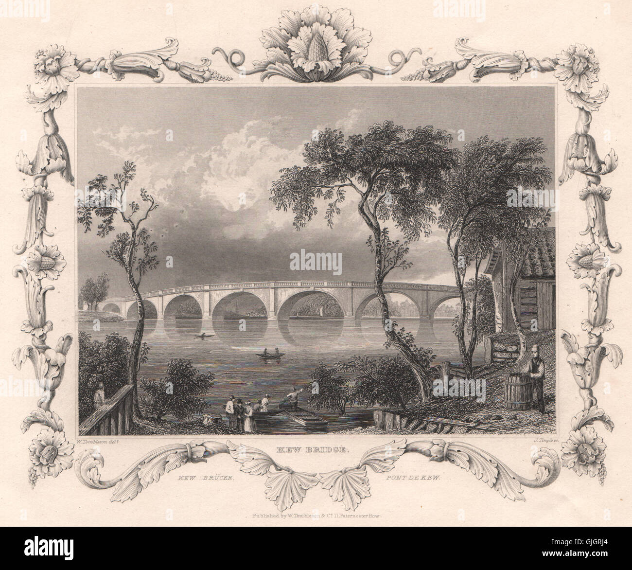 "Kew Bridge'. Londra. Vista decorativo da William TOMBLESON, antica stampa 1835 Foto Stock