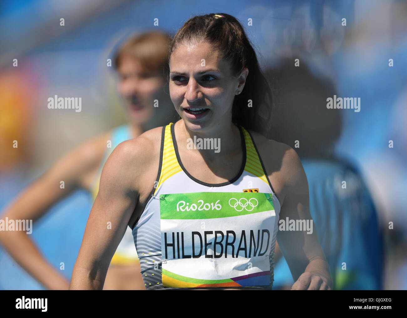 Rio de Janeiro, Brasile. Il 15 agosto, 2016. Nadine Hildebrand di Germania compete durante le donne 100m ostacoli dell'Atletica, la via e il campo eventi durante il Rio 2016 Giochi Olimpici allo Stadio Olimpico di Rio de Janeiro, Brasile, 15 agosto 2016. Foto: Michael Kappeler/dpa/Alamy Live News Foto Stock