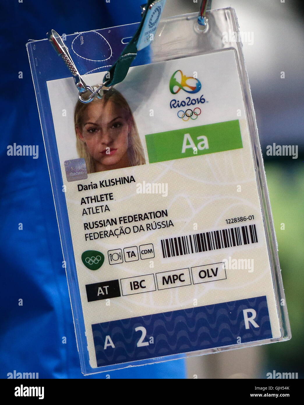 Rio De Janeiro, Brasile. 16 Ago, 2016. Russo ponticello lungo Darya  Klishina la carta di identità per i Rio 2016 giochi olimpici estivi.  Credito: Valery Sharifulin/TASS/Alamy Live News Foto stock - Alamy