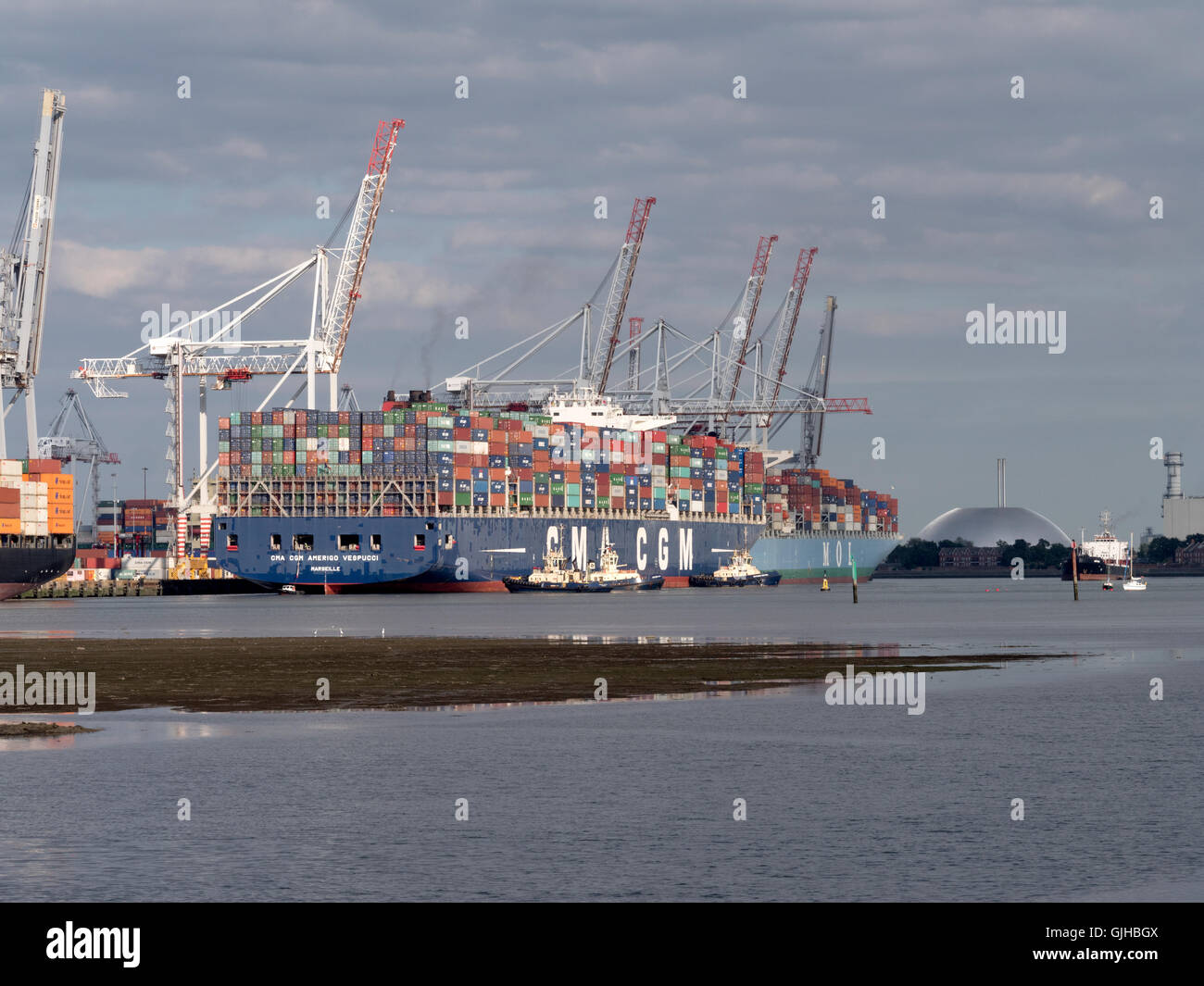 CMA CGM Amerigo Vespucci, contenitore di nave, docking al contenitore porta, Southampton Docks, Southampton, Hampshire, Inghilterra, Regno Unito. Foto Stock