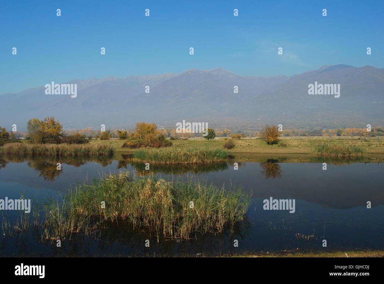 Il lago di Kerkini e le montagne Belasitsa, Grecia Foto Stock
