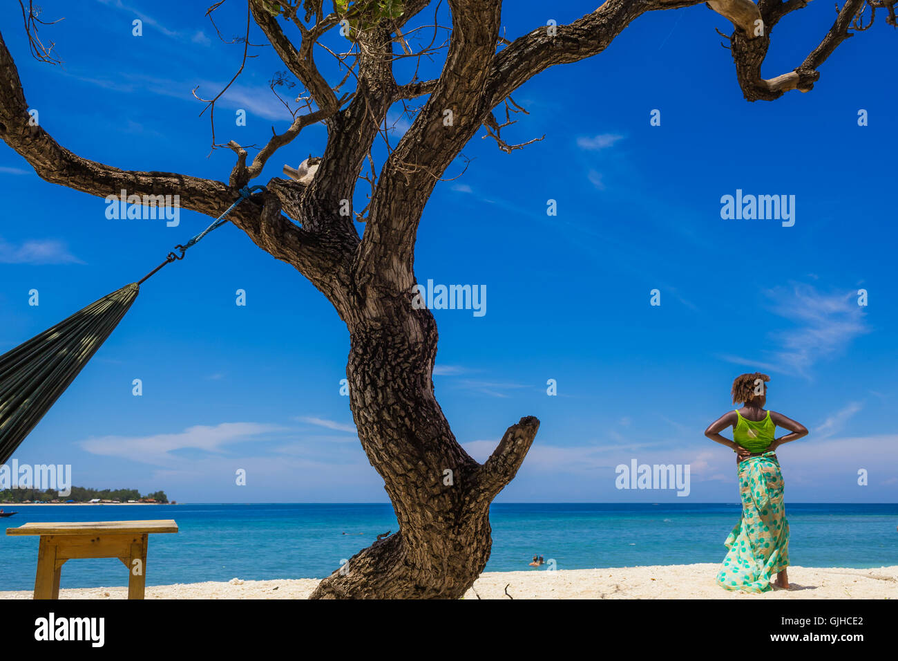 Ragazza in piedi sulla spiaggia guardando oceano, Indonesia Foto Stock