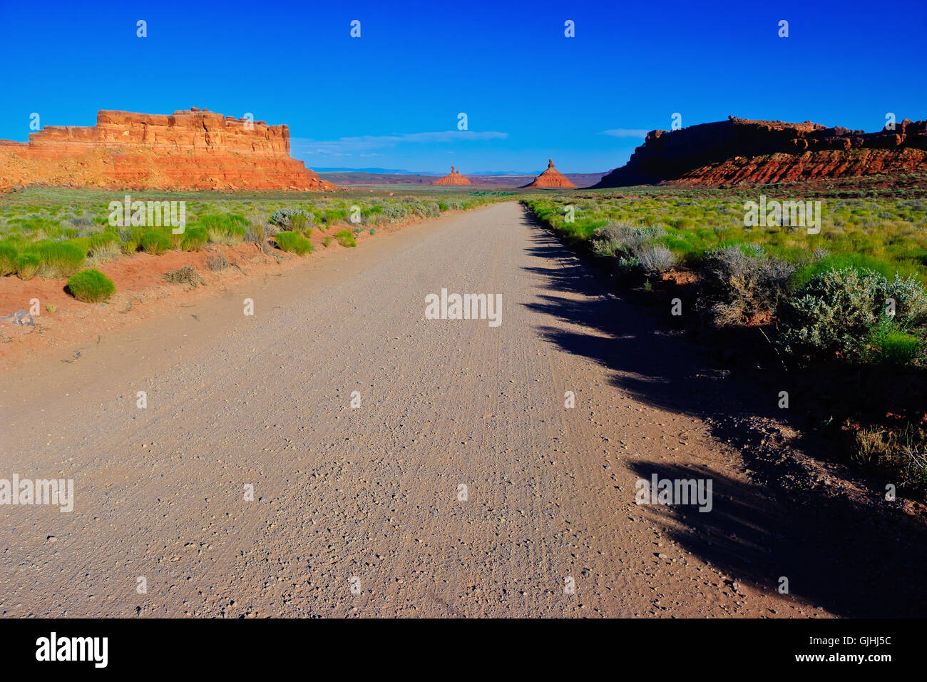 Franklin Butte, Rooster Butte e Ssitting Hen Butte con la Battleship Rock, Valley of the Gods, Utah, Stati Uniti Foto Stock