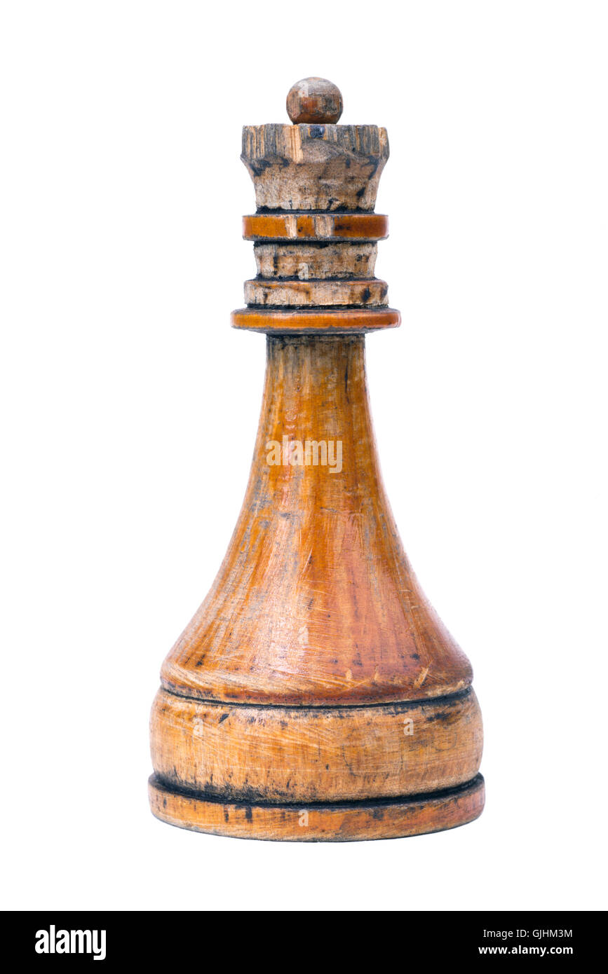 Vintage regina in legno pezzo degli scacchi isolato su bianco Foto Stock