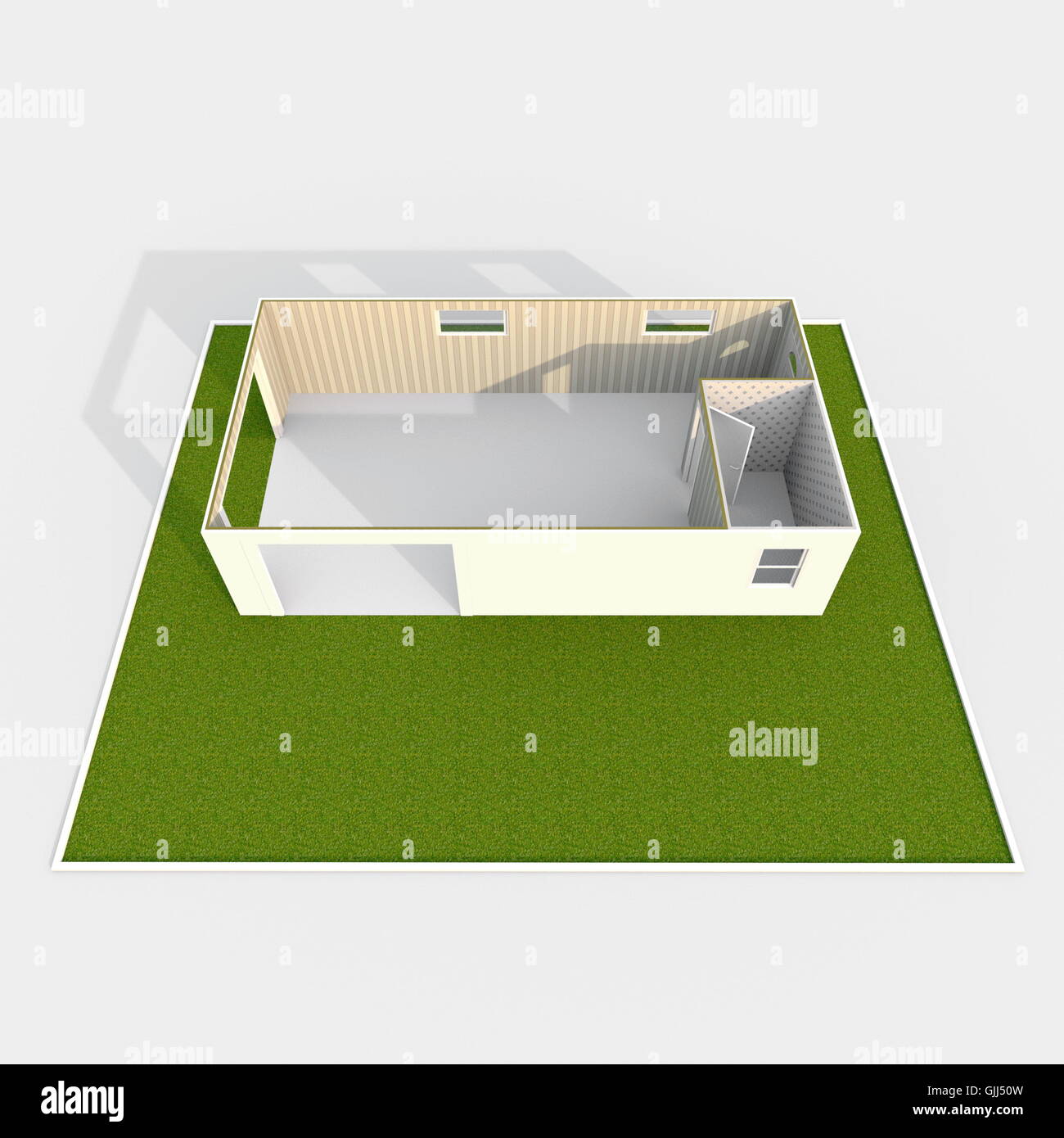 3D Interni rendering vista prospettica del vuoto modello di carta home appartamento con giardino verde Foto Stock