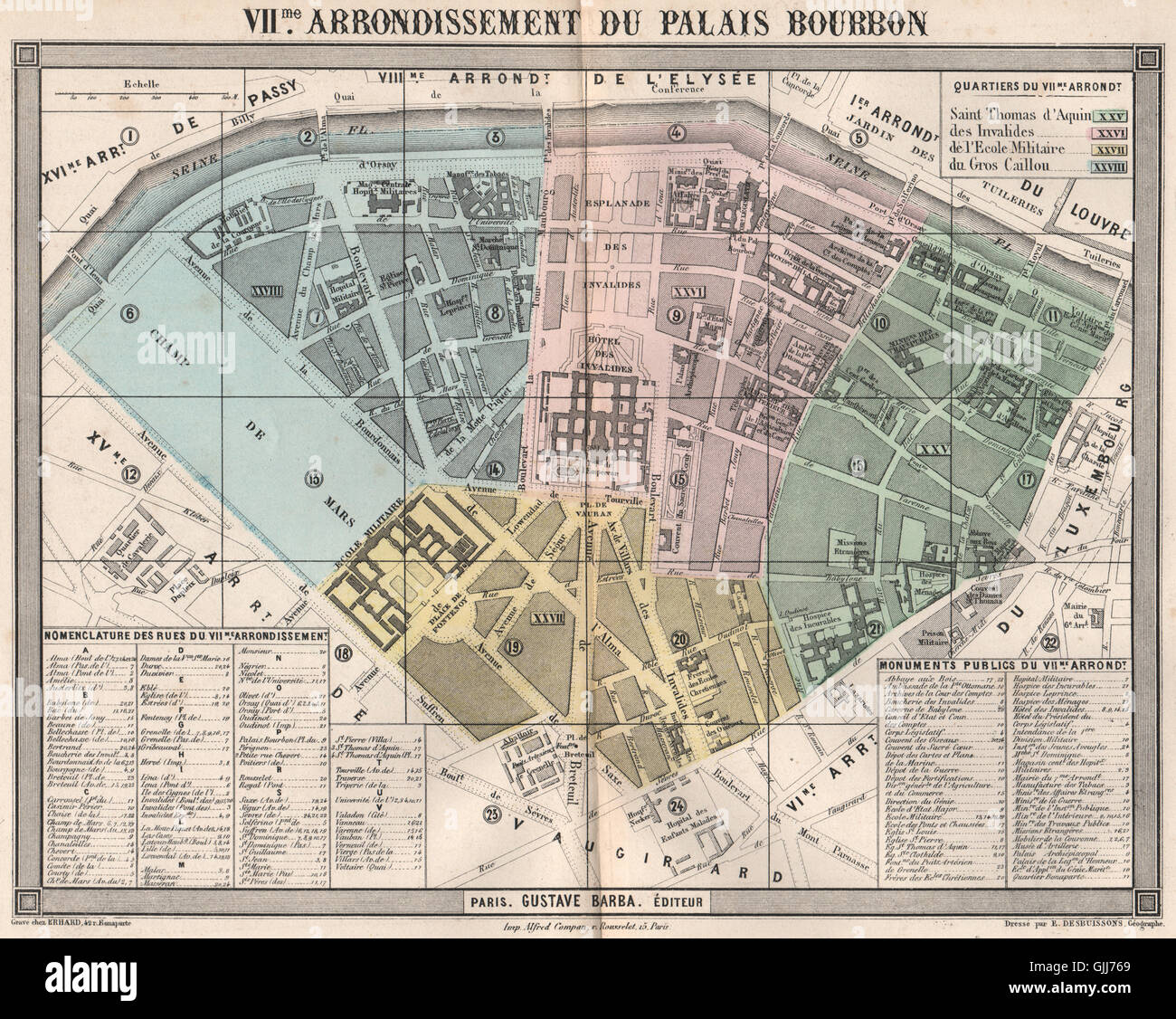 PARIS 7e 7° VIIme arrondissement du Palais Bourbon. BARBA, 1860 Mappa antichi Foto Stock