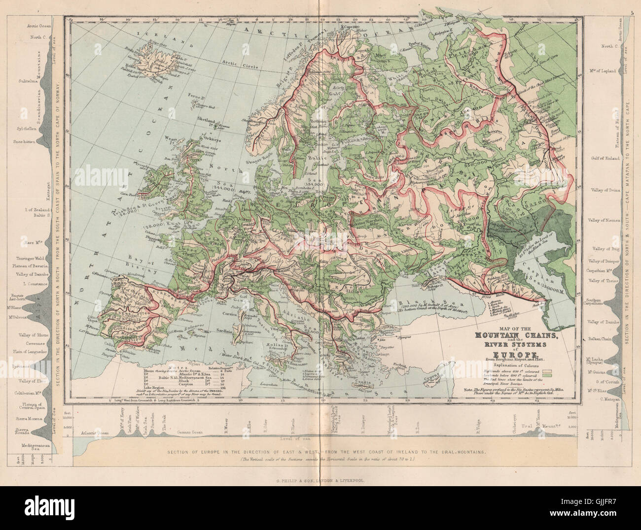L'Europa. Mappa delle catene montuose e i sistemi fluviali dell'Europa, 1886 Foto Stock