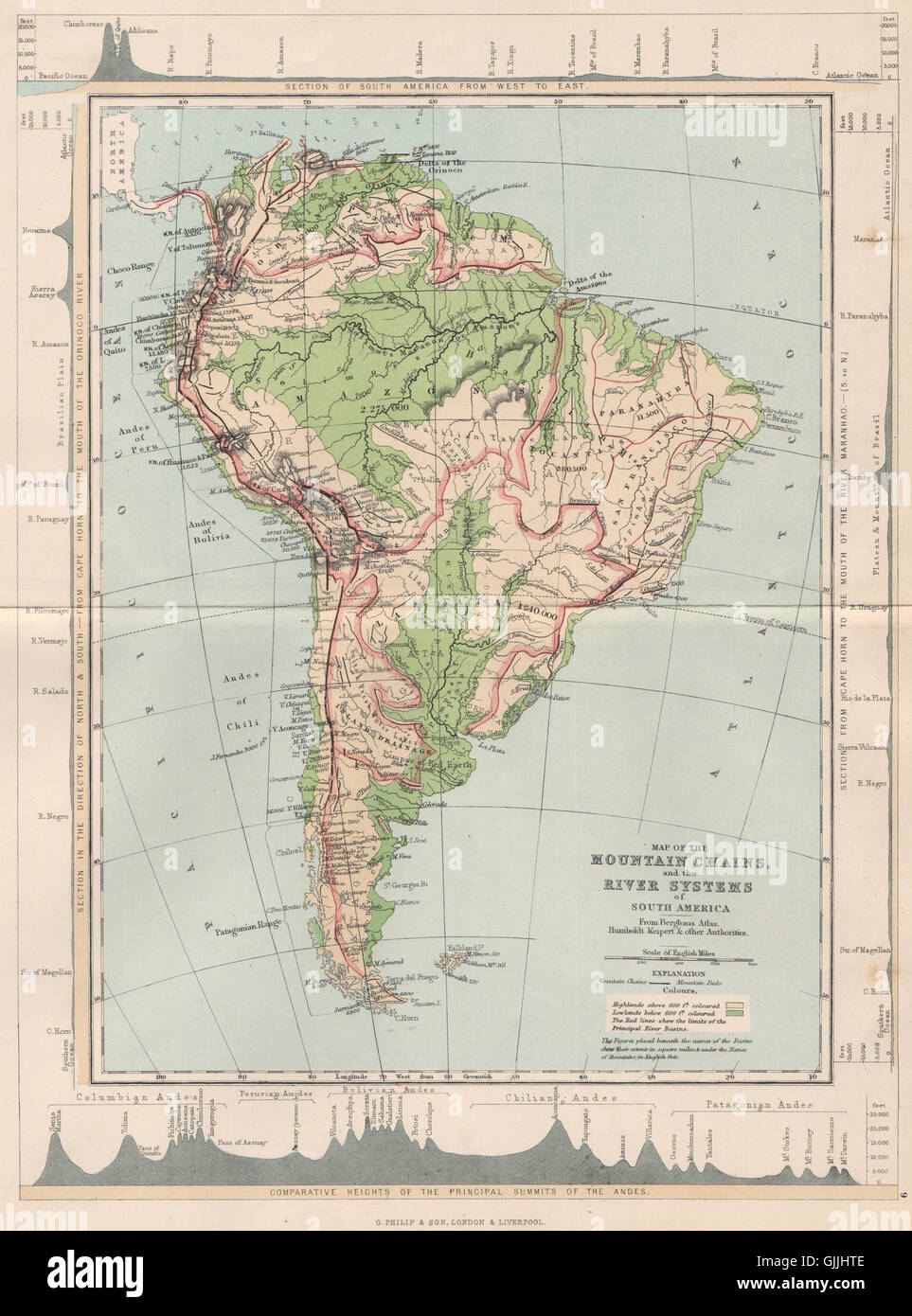 Sud America. Mappa le Catene Montuose & sistemi fluviali di, 1886 Foto  stock - Alamy