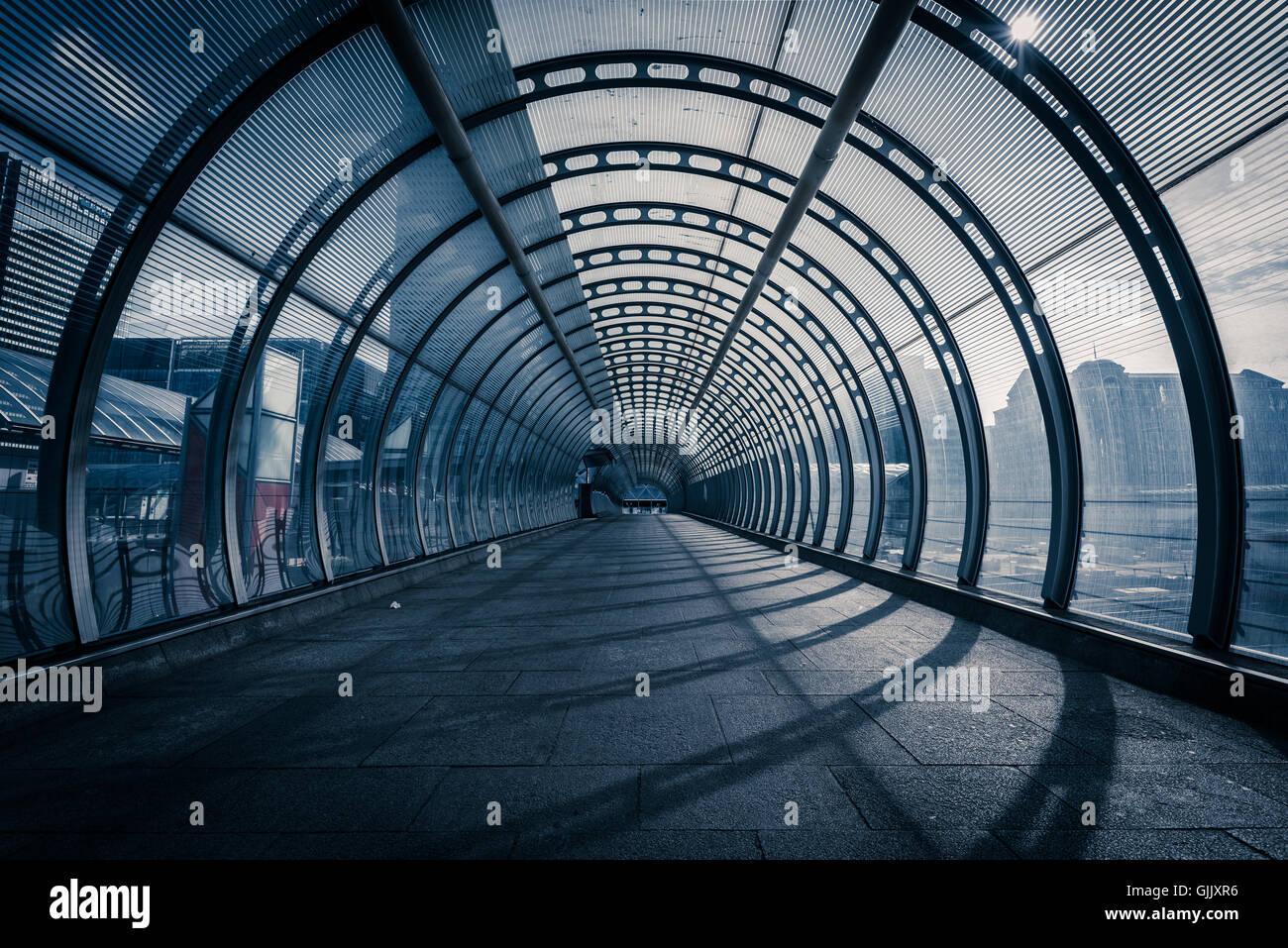 Tunnel di pioppo / passeggiata di DLR Docklands Light Railway Station, London, Regno Unito Foto Stock
