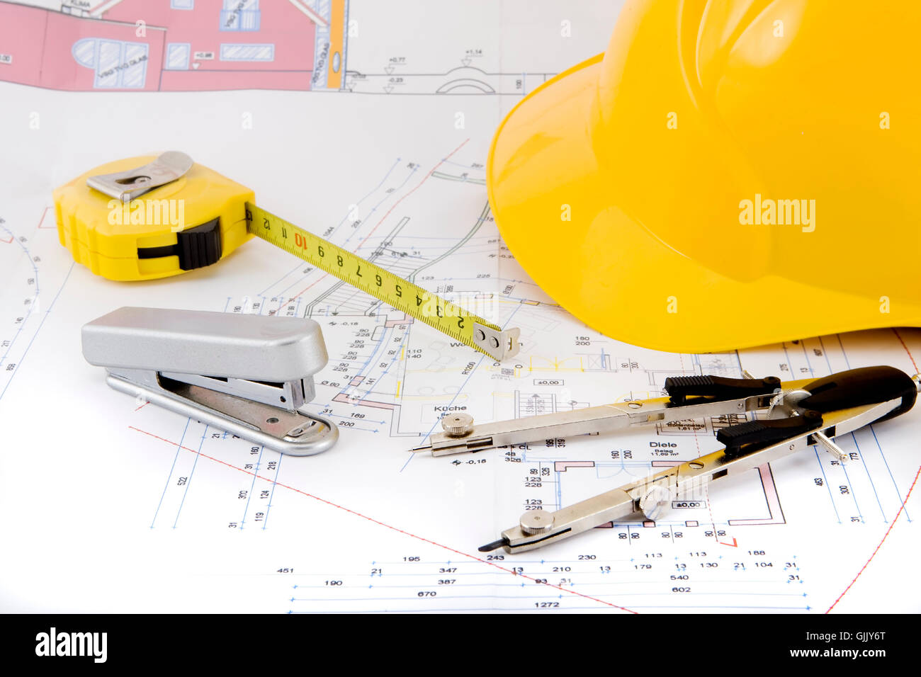 Blueprint con casco e bussole Foto Stock