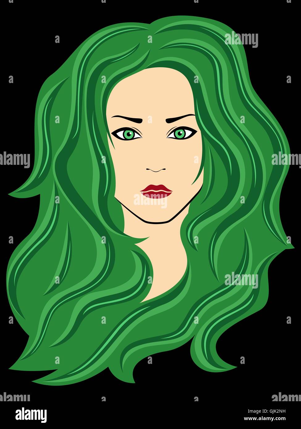 Abstract di nero volto femminile con i capelli verdi su sfondo nero, del disegno a mano oggetti grafici vettoriali Illustrazione Vettoriale