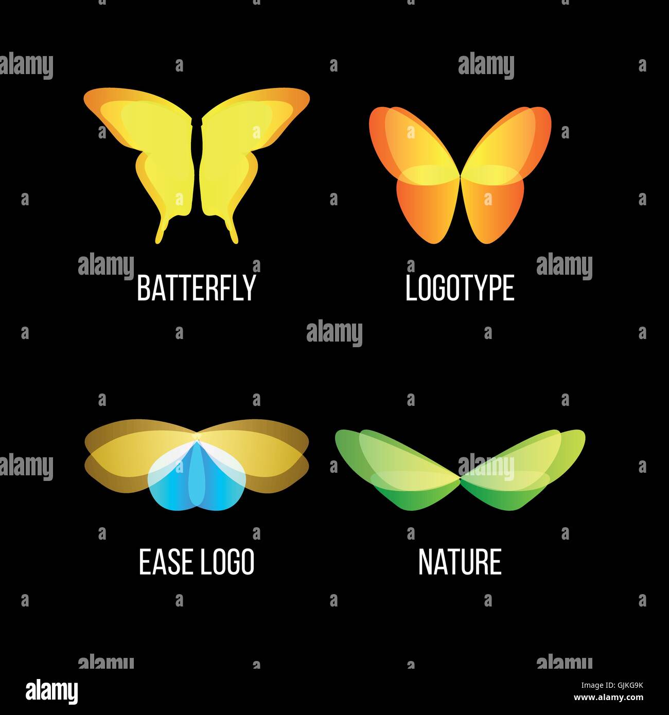 Isolato coloratissime farfalle logo vettoriale set. Gli insetti volanti logotipi collezione. Natura selvaggia le icone degli elementi. Ali di illustrazioni. Illustrazione Vettoriale