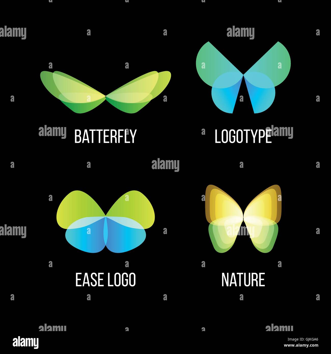 Isolato coloratissime farfalle logo vettoriale set. Gli insetti volanti logotipi collezione. Natura selvaggia le icone degli elementi. Ali di illustrazioni. Illustrazione Vettoriale