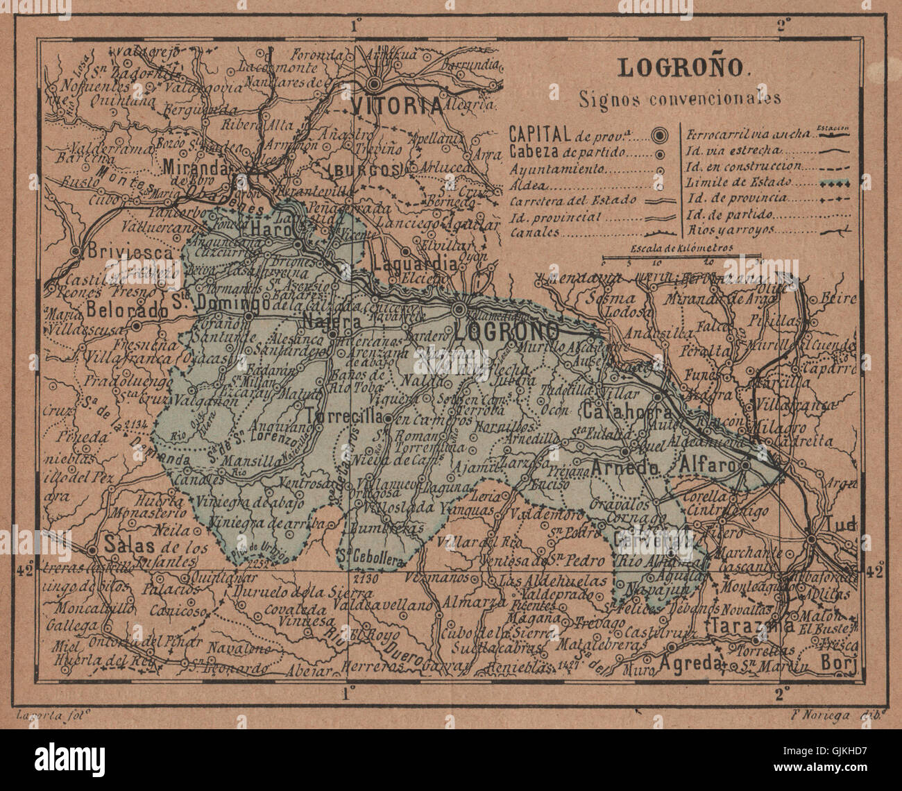 LA RIOJA. Logroño Logrono. Mapa antiguo de la provincia, 1905 Foto Stock