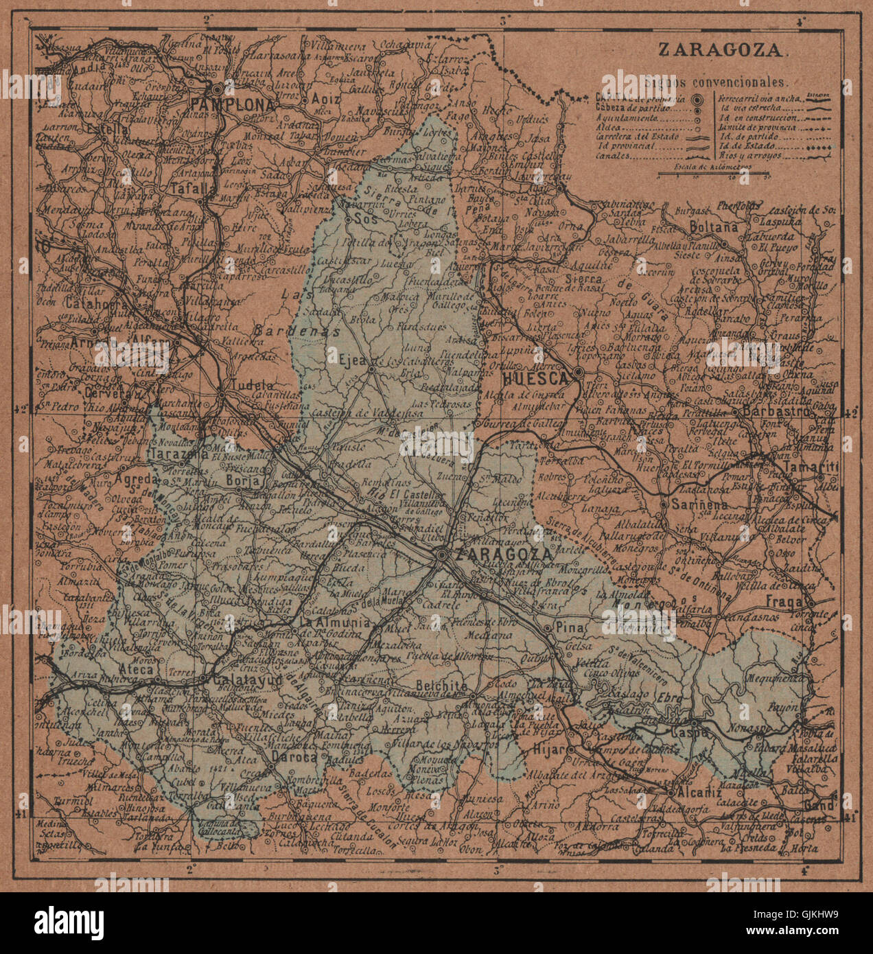 Saragozza. Saragozza. Aragona. Mapa antiguo de la provincia, 1905 Foto Stock
