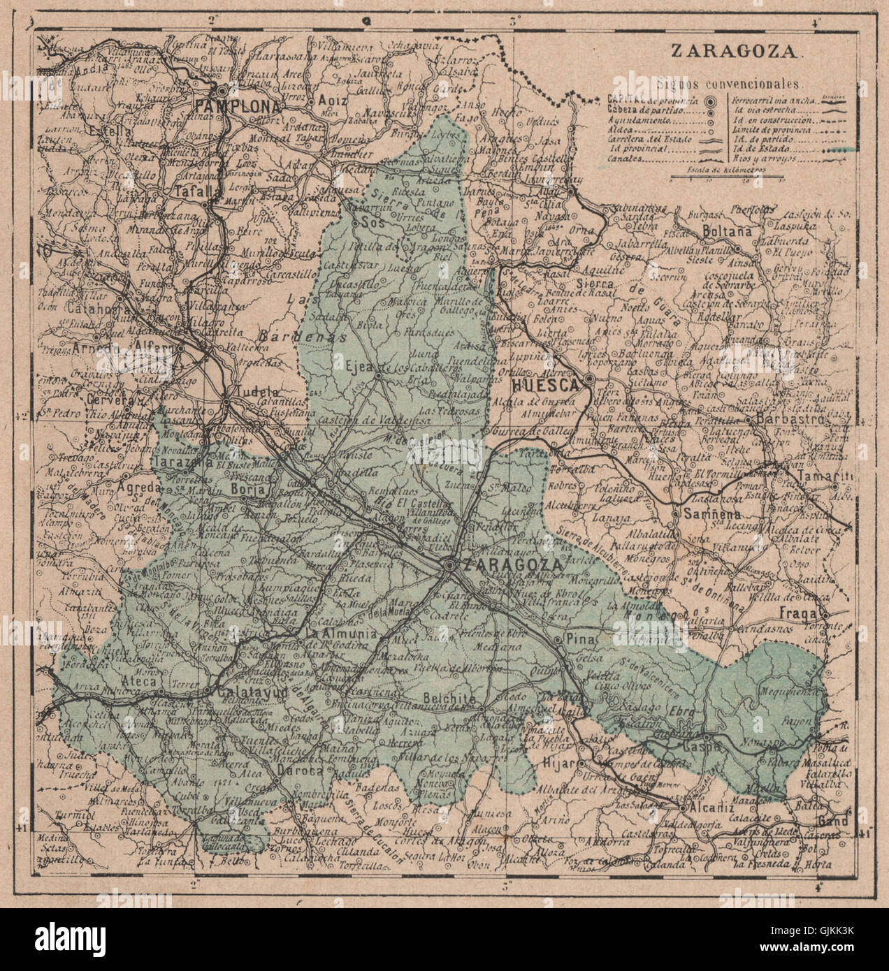 Saragozza. Saragozza. Aragona. Mapa antiguo de la provincia, 1908 Foto Stock
