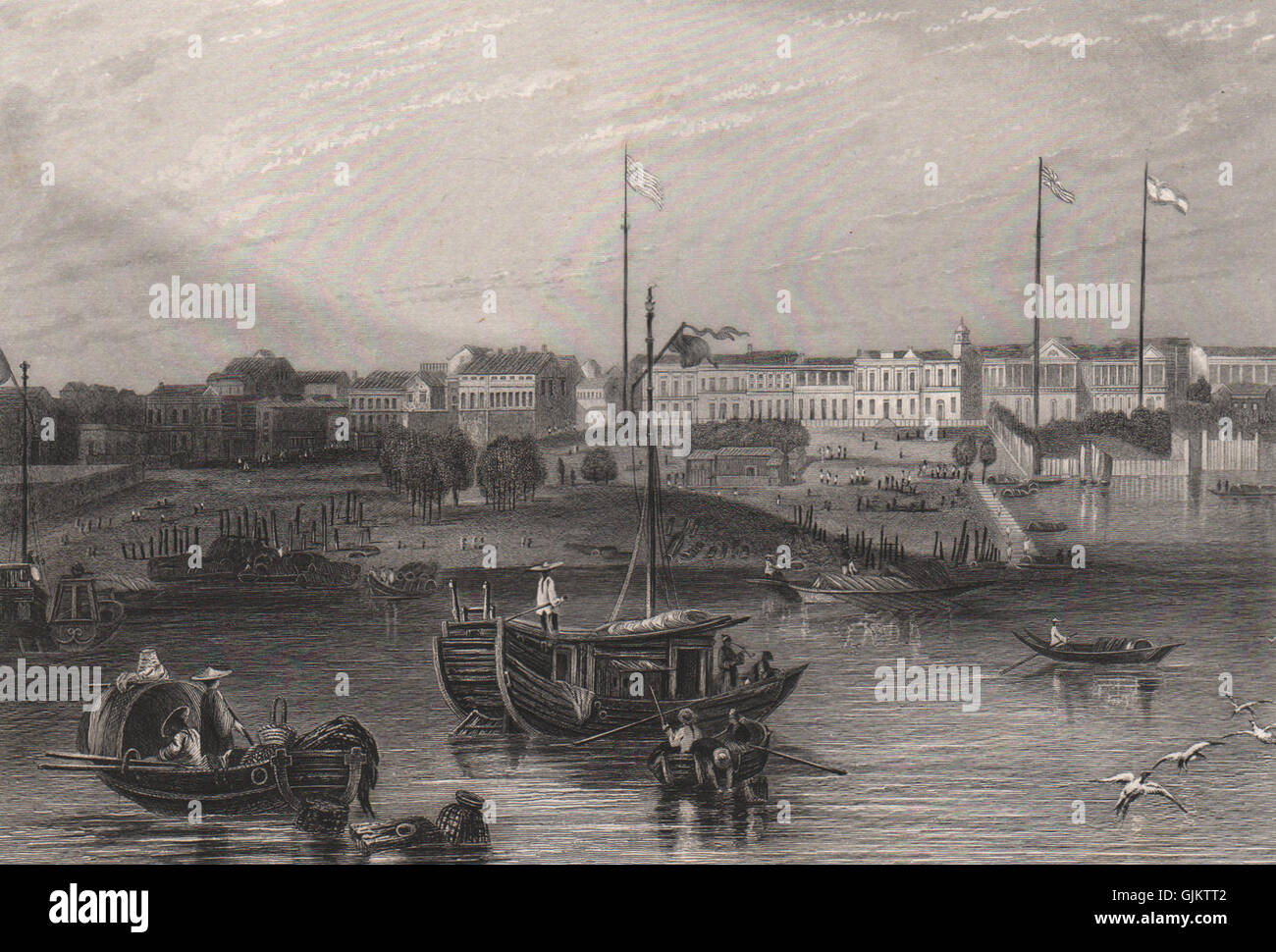 GUANGZHOU. "Canton". Il tredici stabilimenti/Hongs. Cina, antica stampa 1855 Foto Stock