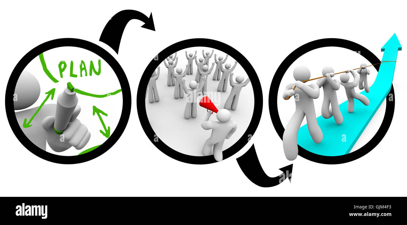 I piani di leader per avere successo con il lavoro di squadra nel raggiungimento di schema di obiettivo Foto Stock