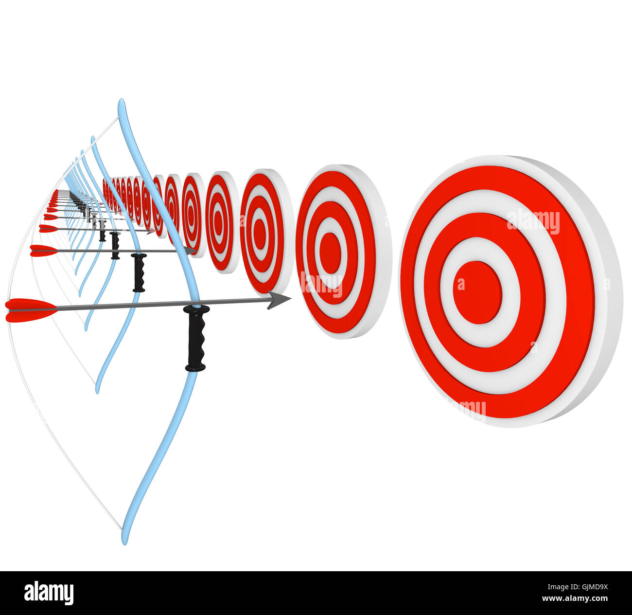 Gli archi e le frecce che puntano a Bulls-Eyes in concorrenza Foto Stock