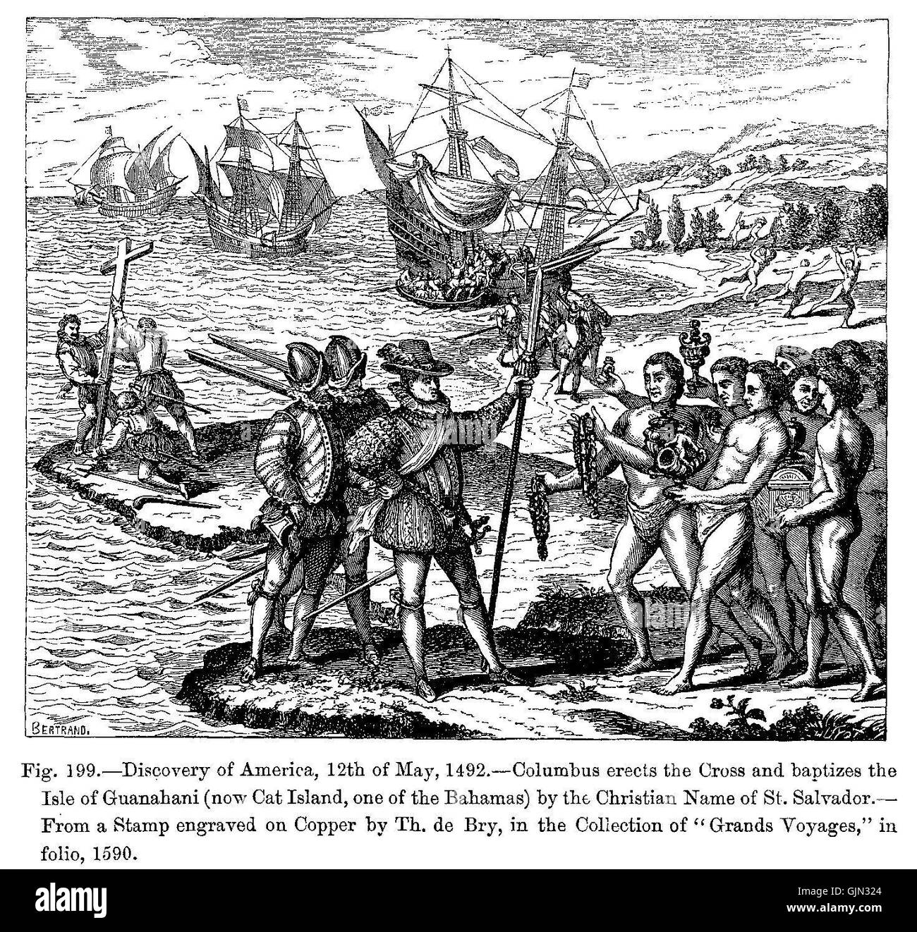 Questa incisione in rame di Theodor de Bry raffigura lo sbarco di Cristoforo Colombo a Guanahani il 12 maggio 1492, dove rivendicò l'isola per la Spagna e la chiamò San Salvador. Foto Stock