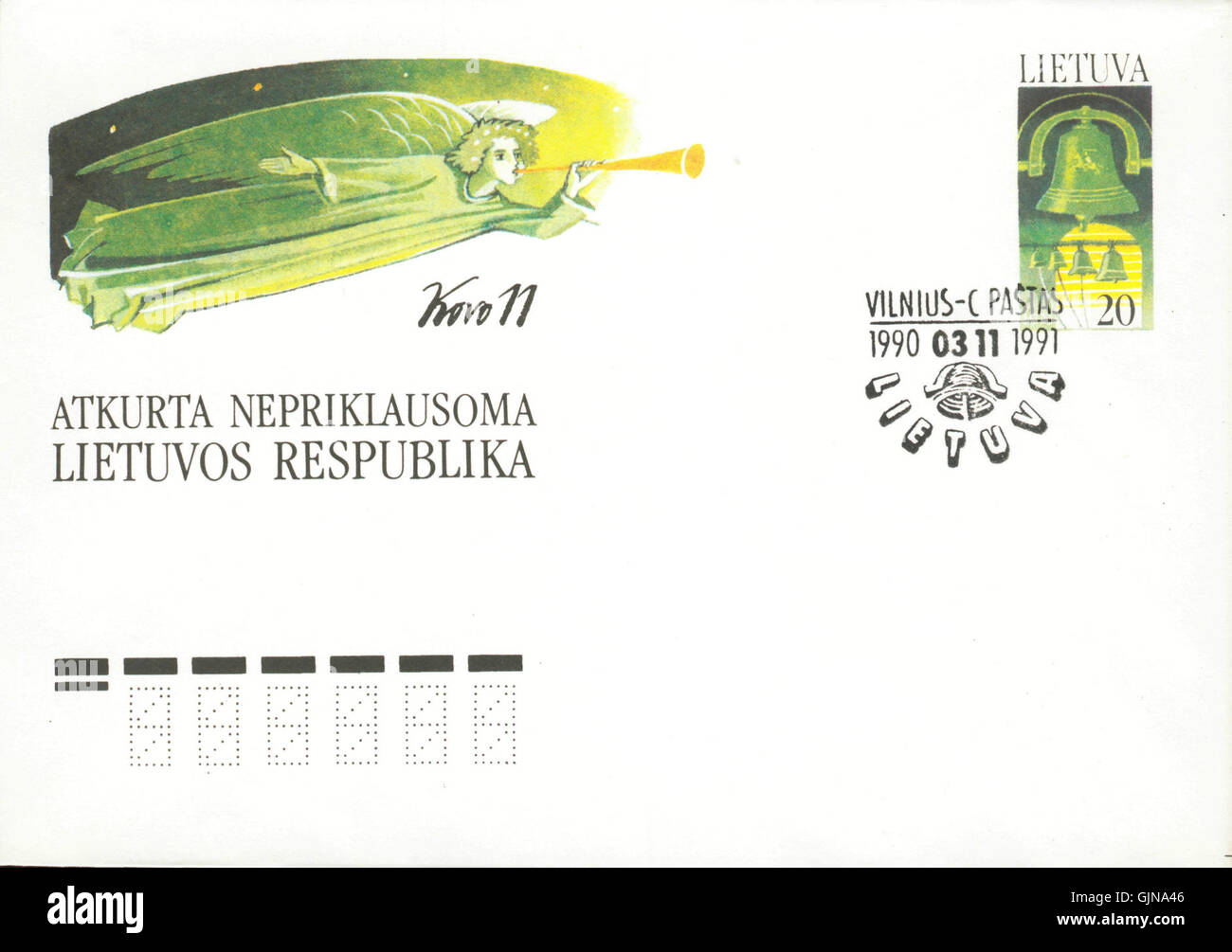 Una lettera postale dalla Lituania, con il timbro postale originale del 1991, che riflette la storia postale del paese durante un momento significativo nella sua linea temporale politica. Foto Stock