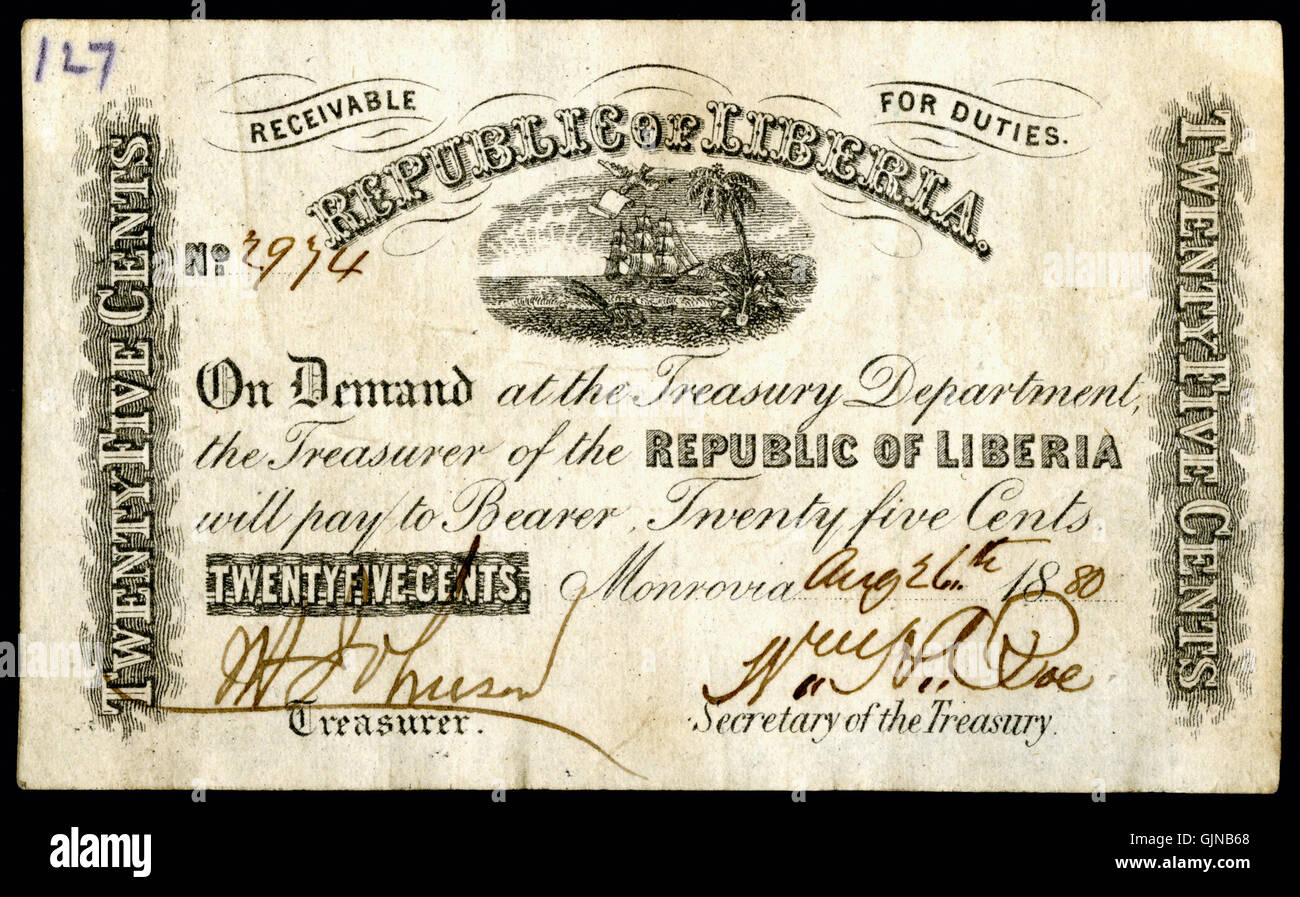 Questa moneta della Repubblica di Liberia, coniata nel 1880, ha un taglio di 25 centesimi. Riflette il sistema di monetazione durante i primi anni della Liberia come nazione indipendente. Il design incorpora simboli dell'epoca, enfatizzando l'identità nazionale e la storia della Liberia. Foto Stock