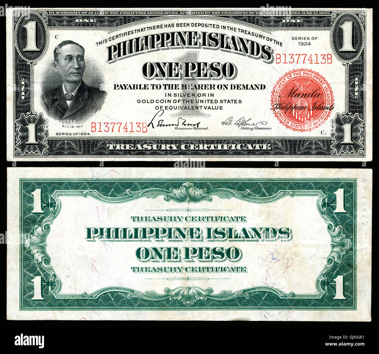 Questo certificato del Tesoro delle Filippine del 1924 presenta la denominazione di 1 peso, che serve come valuta durante l'occupazione americana delle Filippine. Rappresenta il sistema economico storico dell'epoca. Foto Stock