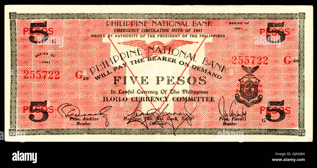 PHI S316 Philippine National Bank 5 pesos (1942), secondo la stampa Foto Stock