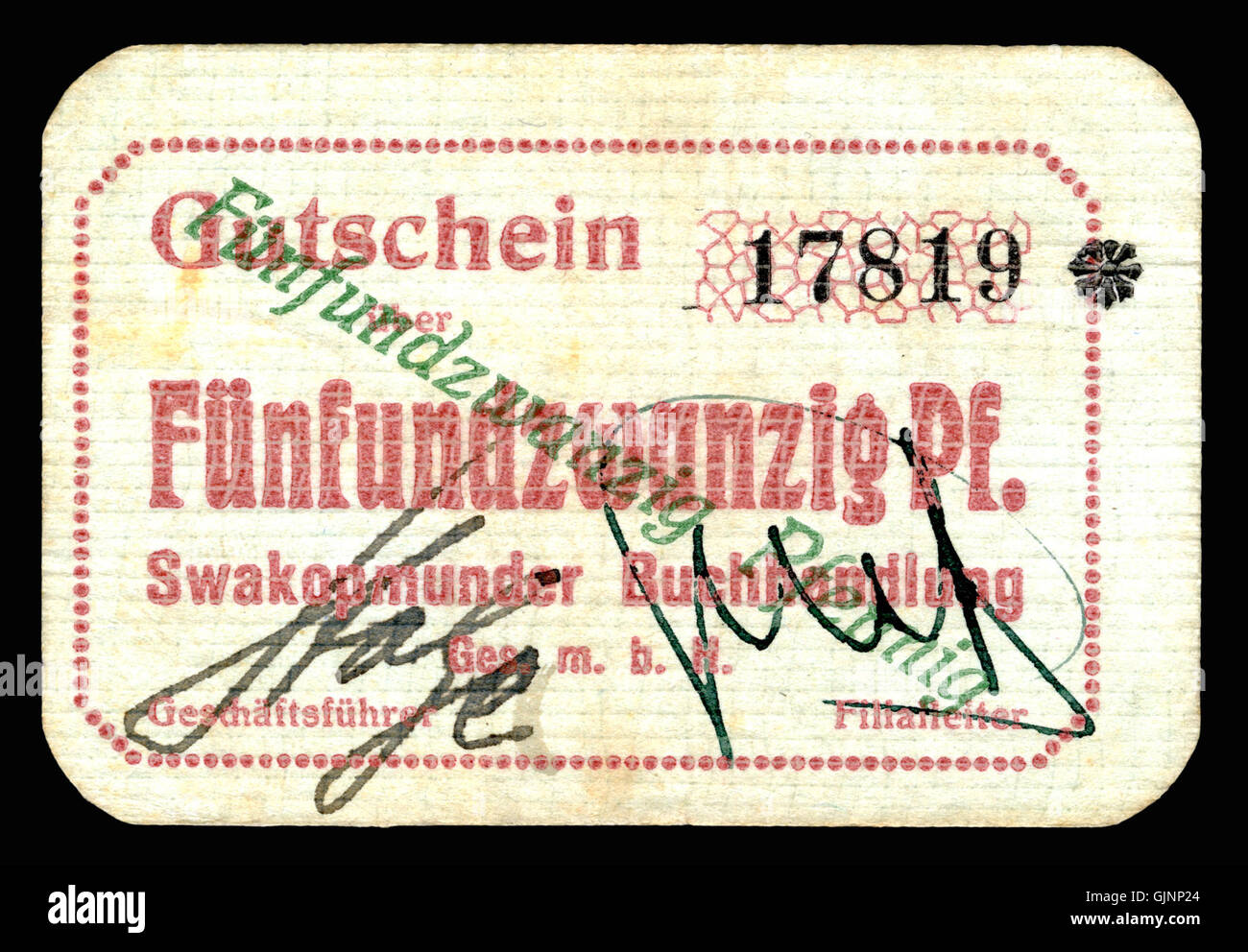 Questa è un'immagine di una moneta da 25 Pfennig di Swakopmunder Buchhandlung nel 1916, usata durante il periodo dell'Africa tedesca del Sud-Ovest. La moneta rappresenta la moneta coloniale e fornisce informazioni sulla storia economica della regione. Foto Stock