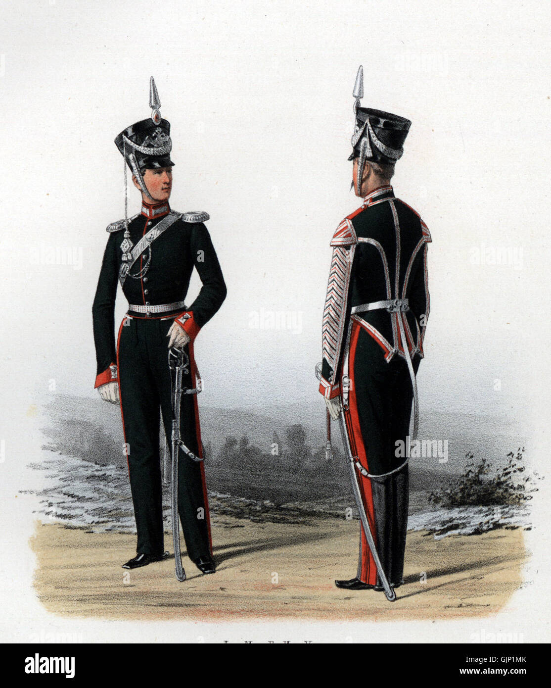 Un riferimento storico al Life Guards Horse Jager Regiment, un'unità militare all'interno dell'esercito imperiale russo. Questo reggimento era noto per il suo ruolo di cavalleria durante varie campagne militari del XIX secolo. Foto Stock