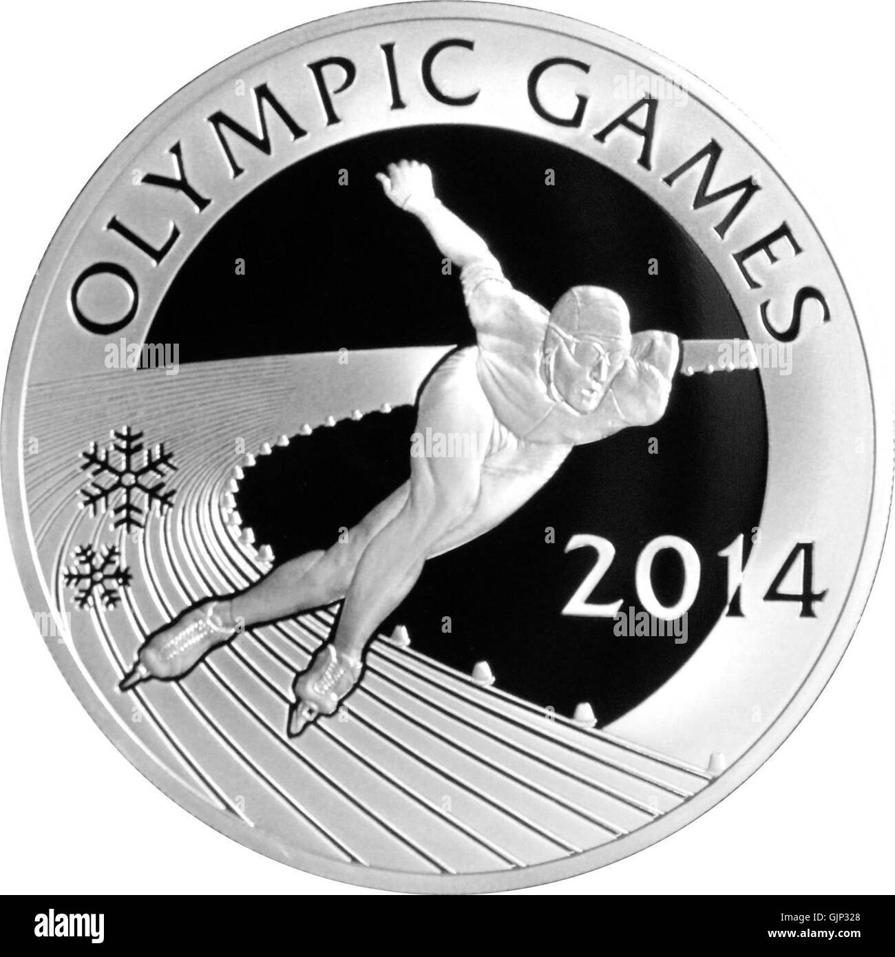 Questa immagine commemora l'evento di pattinaggio di velocità del 2014 tenutosi in Kazakistan, dove i concorrenti hanno corso per il premio tenge del 100. La competizione mette in evidenza la partecipazione del paese agli sport invernali internazionali e mette in mostra gli atleti che gareggiano ai massimi livelli. Foto Stock