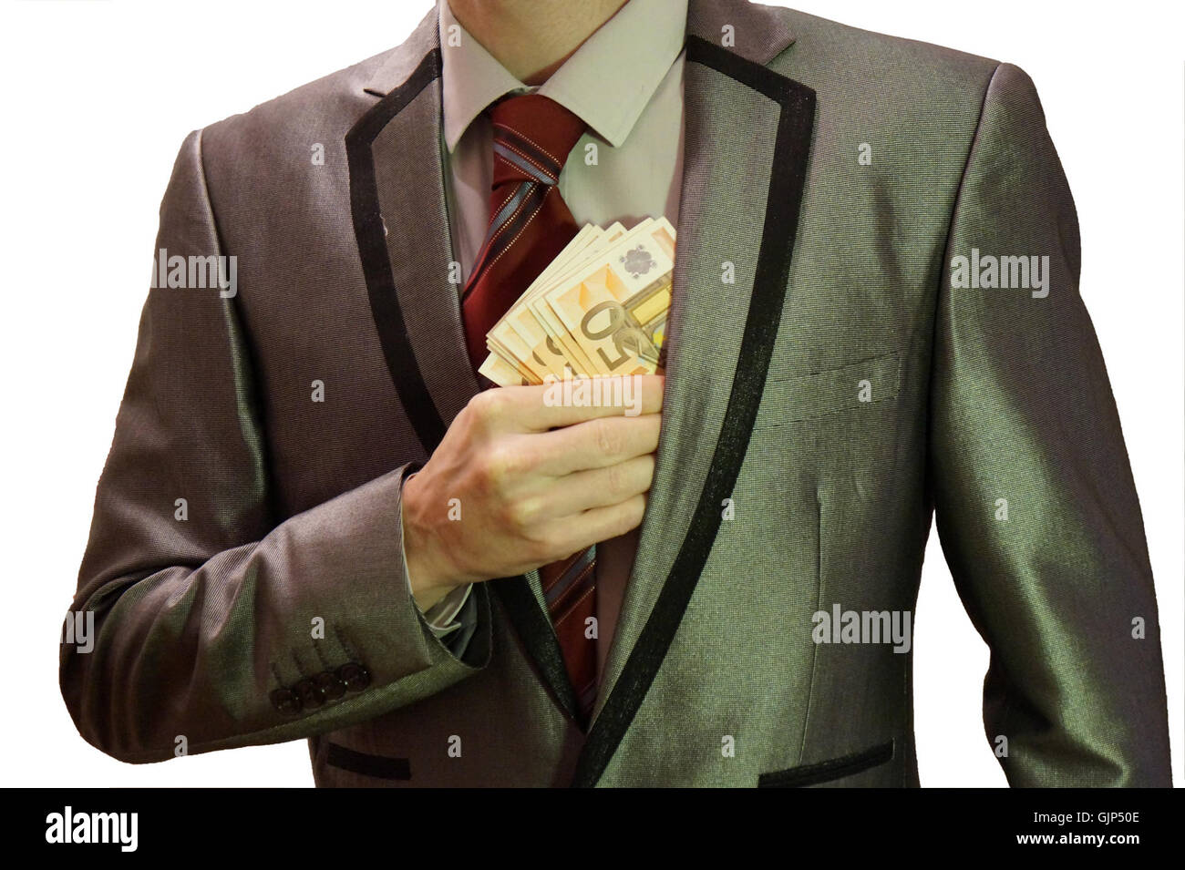 1 corruzione uomo in tuta sfondo bianco euro banconote nascosto nella sinistra nella tasca di una giacca royalty free senza copyright, di pubblico dominio immagine fotografica Foto Stock
