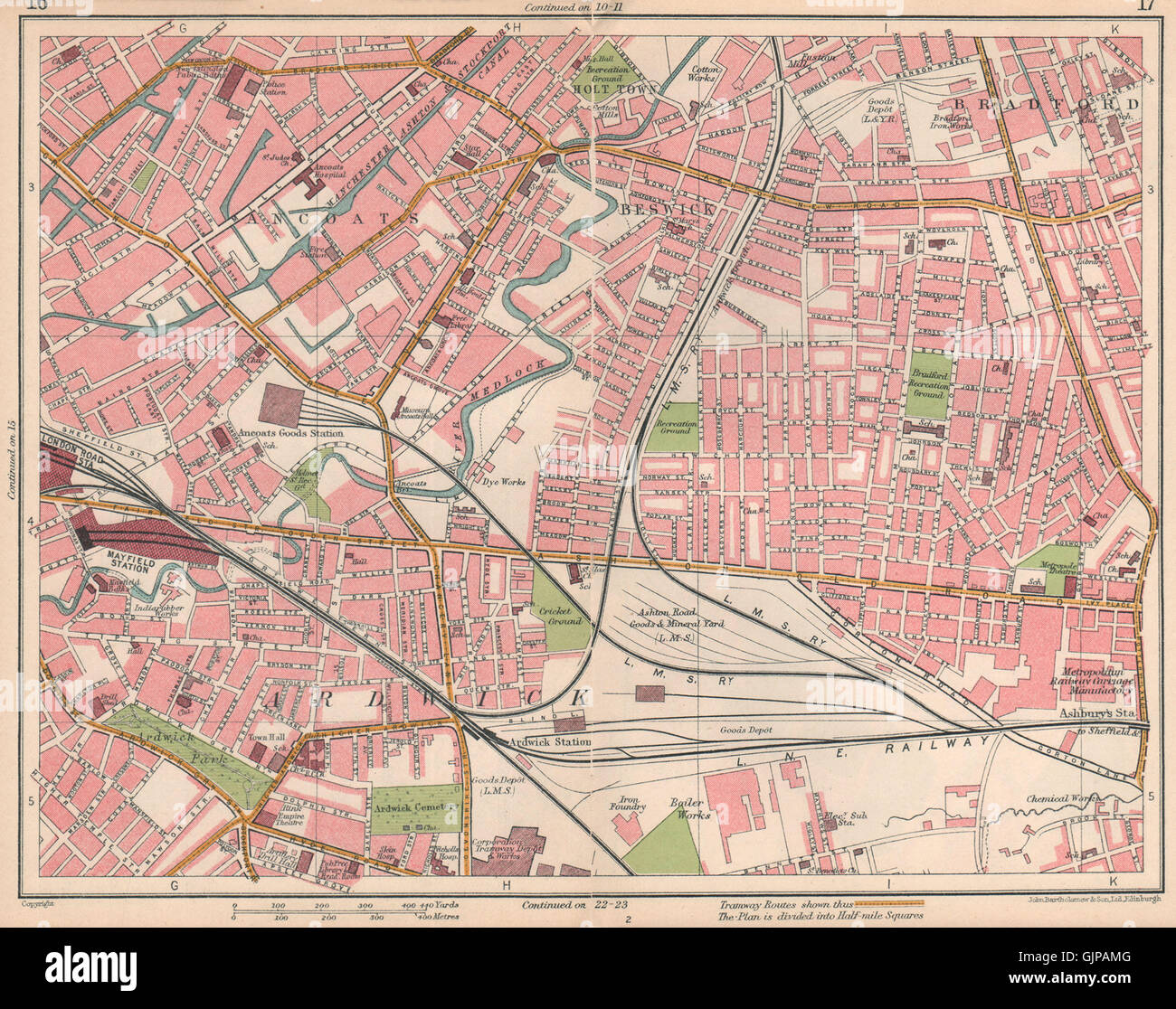 MANCHESTER EAST. Ancoats nuovo Islington Ardwick Beswick, 1927 Vintage map Foto Stock