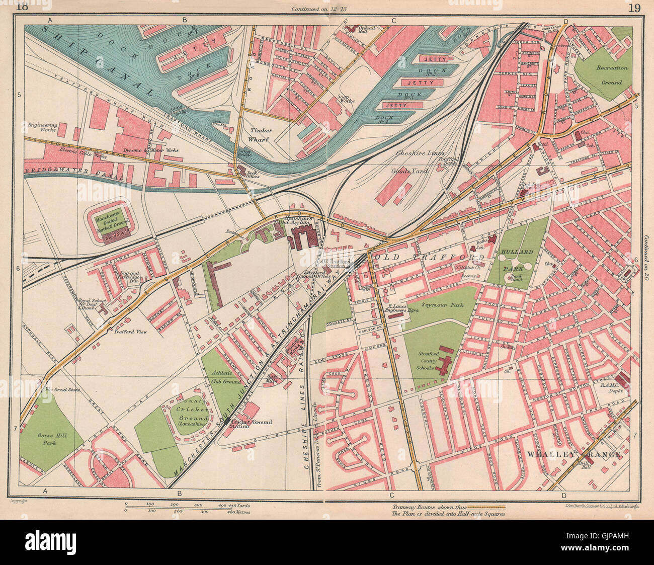 MANCHESTER sud ovest. Old Trafford Salford Quays Whalley Range, 1927 mappa vecchia Foto Stock