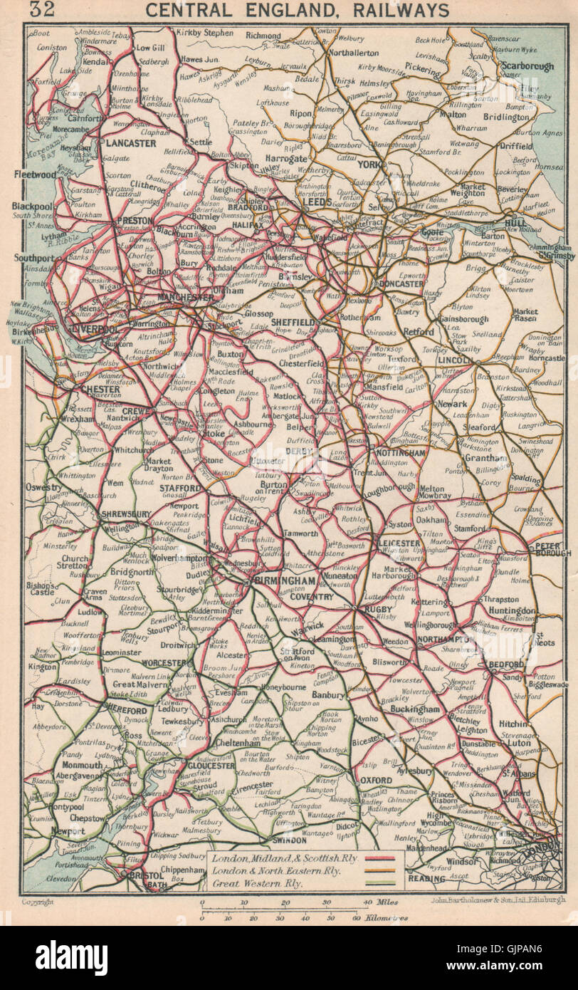 Inghilterra Centrale delle Ferrovie. GWR LNER LMS, 1927 Vintage map ...