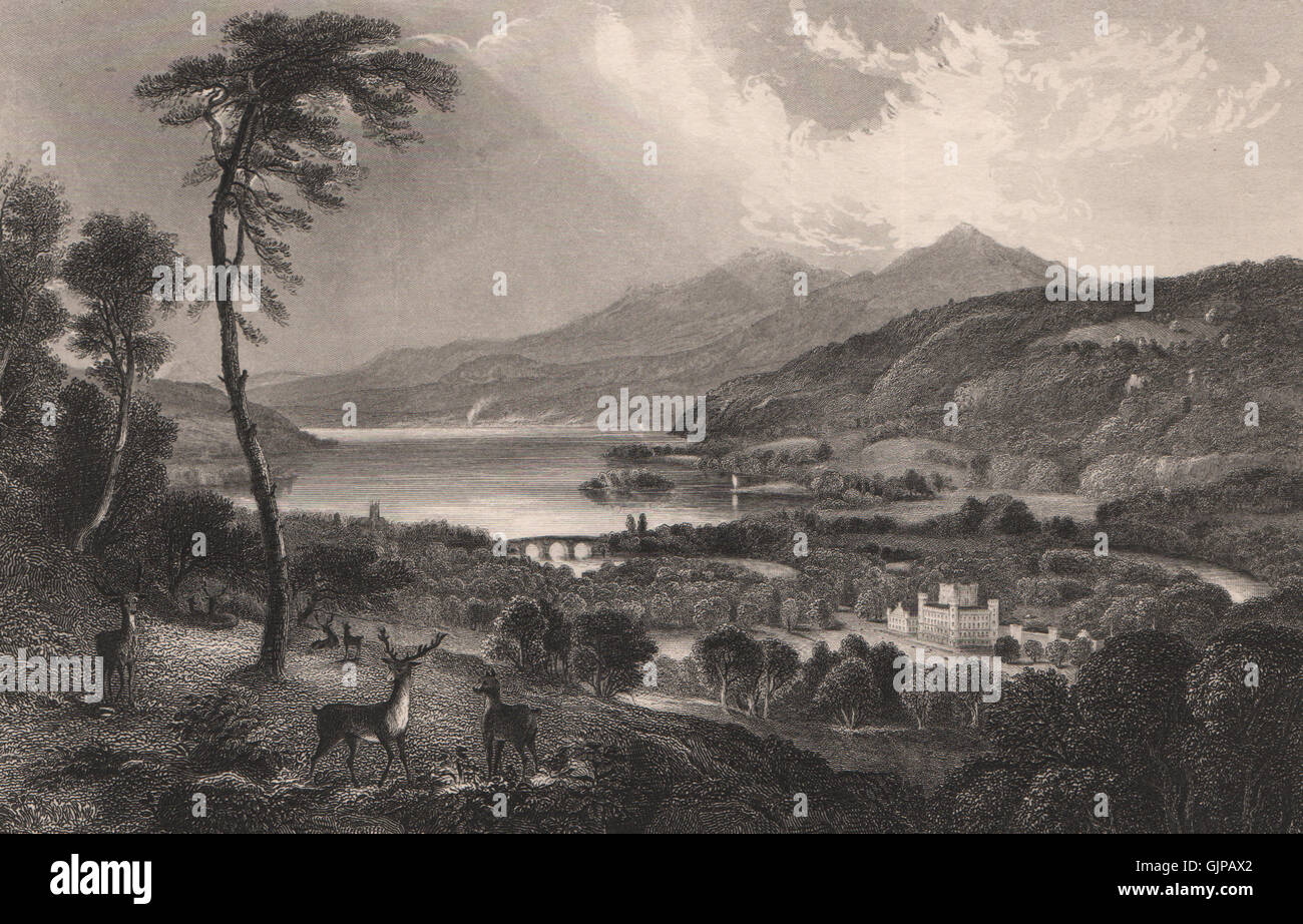 Loch Tay e Castello di Taymouth. La Scozia, antica stampa 1845 Foto Stock