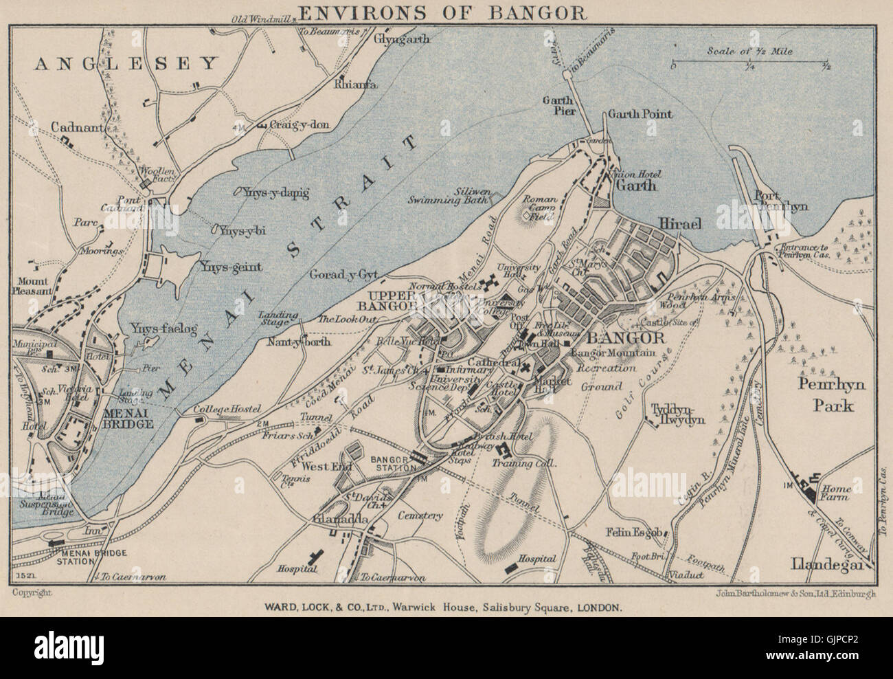 BANGOR vintage town/city plan. Menai Bridge. Il Galles. WARD LOCK, 1937 mappa vecchia Foto Stock