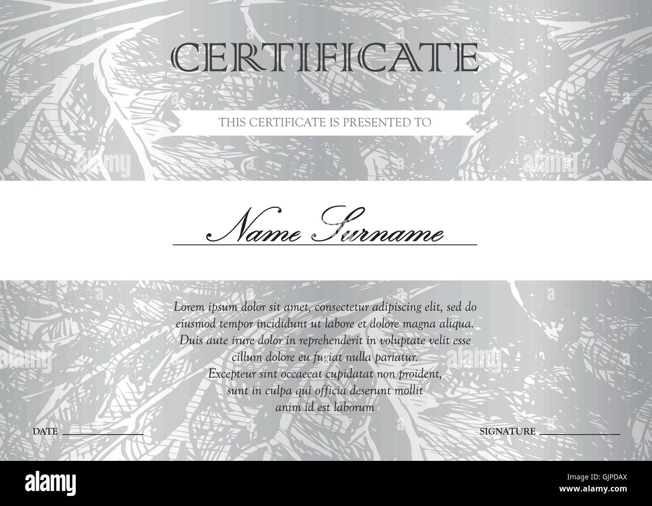 Argento orizzontale certificato e diploma modello con vintage, floreali, la filigrana e modello di cute per il vincitore per il conseguimento. B Illustrazione Vettoriale