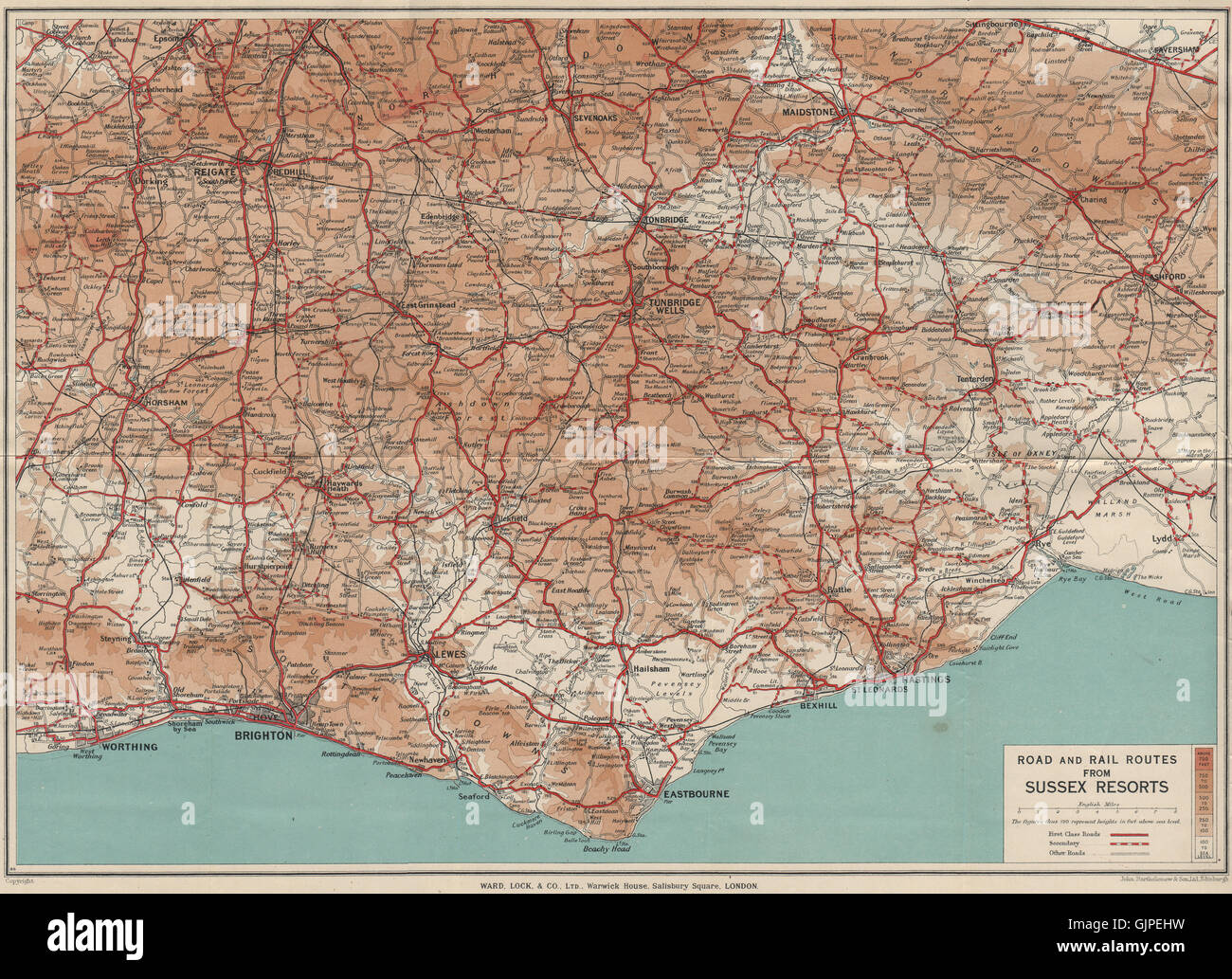 E. SUSSEX/South Downs. Tunbridge Wells Eastbourne Brighton Hastings Segala 1939 mappa Foto Stock