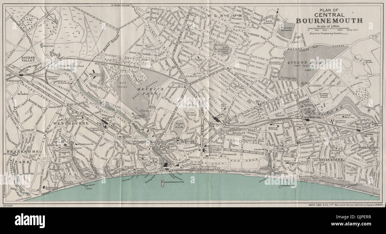 Centro di Bournemouth vintage town/city plan. Il Dorset. WARD LOCK, 1936 mappa vecchia Foto Stock