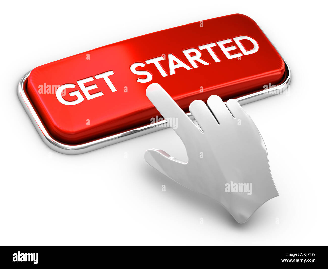 3D illustrazione di una chiamata all azione pulsante dove è scritto per iniziare e una mano su sfondo bianco Foto Stock