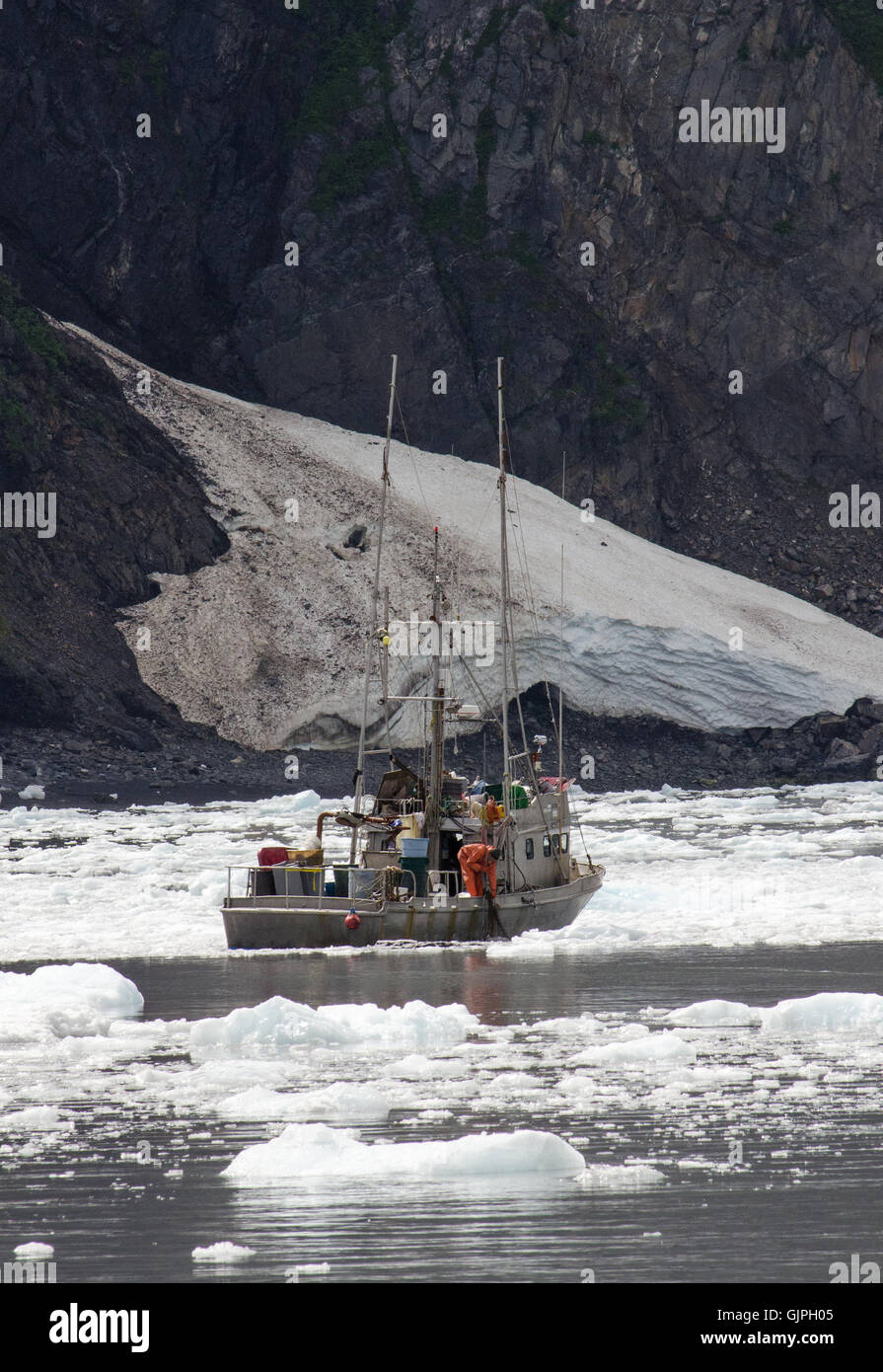 Ricerca dei pescatori per il salmone alla base del ghiacciaio a sorpresa Foto Stock