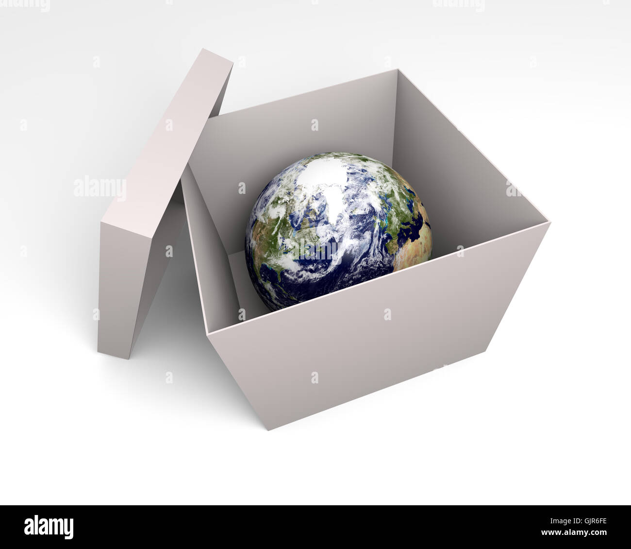 3D render del pianeta Terra all'interno della scatola aperta Foto Stock